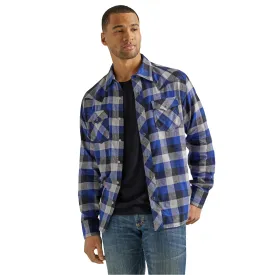 Wrangler Retro Blue/Black/White Plaid Flannel Snap Western Shirt for Men