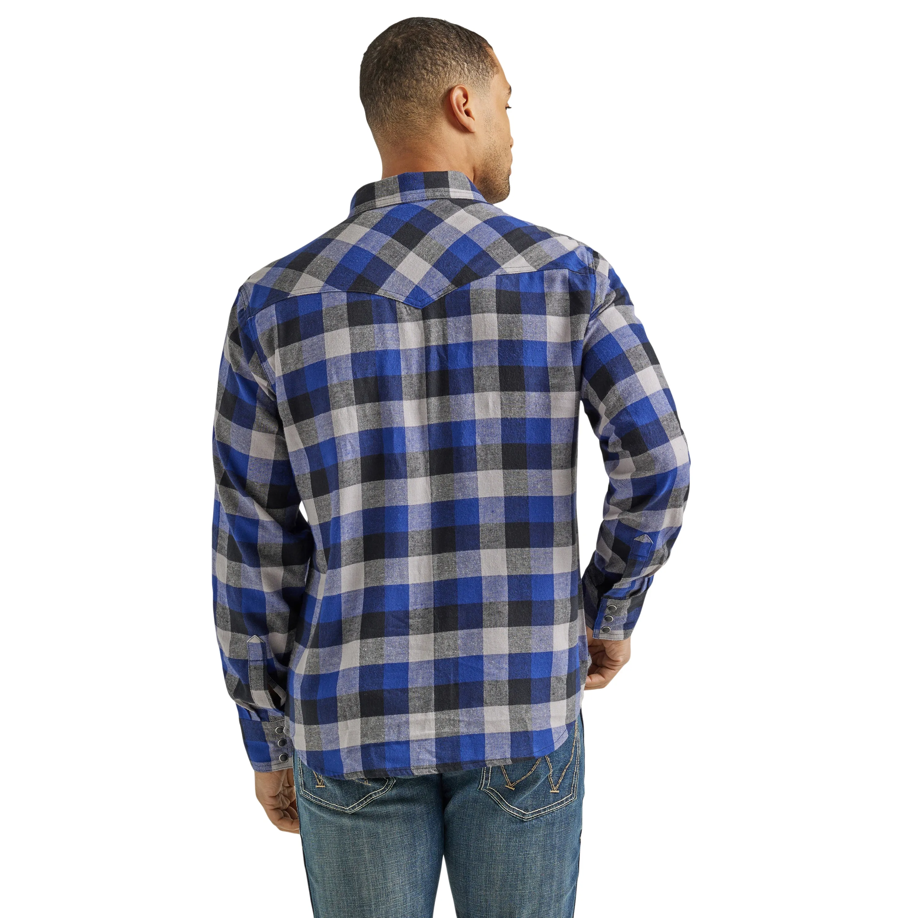 Wrangler Retro Blue/Black/White Plaid Flannel Snap Western Shirt for Men